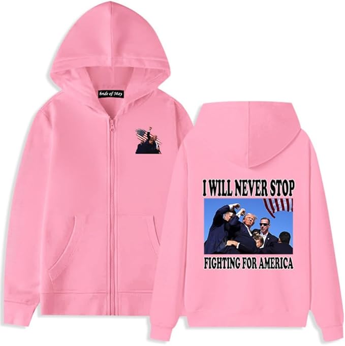 Trump Fight Front Zipper Hoodie Sweatshirt Pullover Make American Great Again 2024 Fighting Men Women Unisex