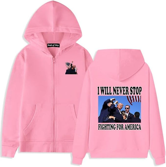 Trump Fight Front Zipper Hoodie Sweatshirt Pullover Make American Great Again 2024 Fighting Men Women Unisex