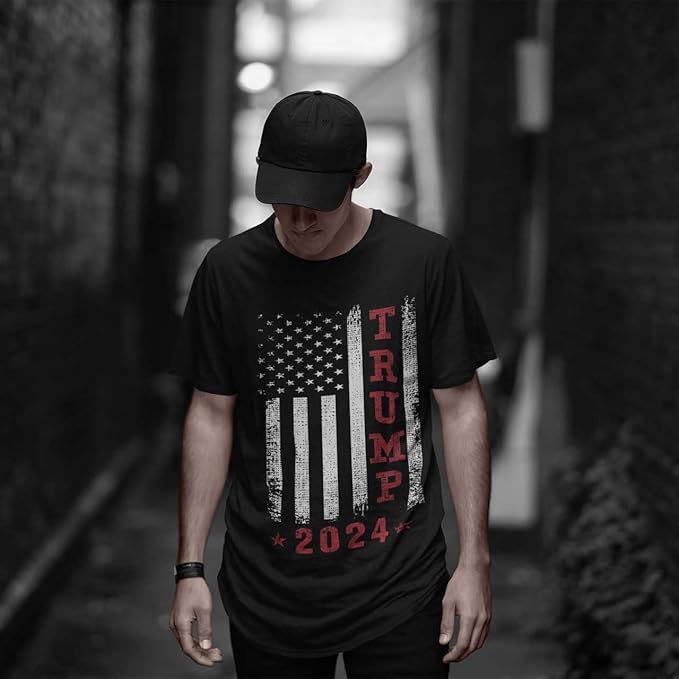 Trump 2024 American Flag Vintage T-Shirt, Trump T Shirts for Men, Adult Short Sleeve Shirt
