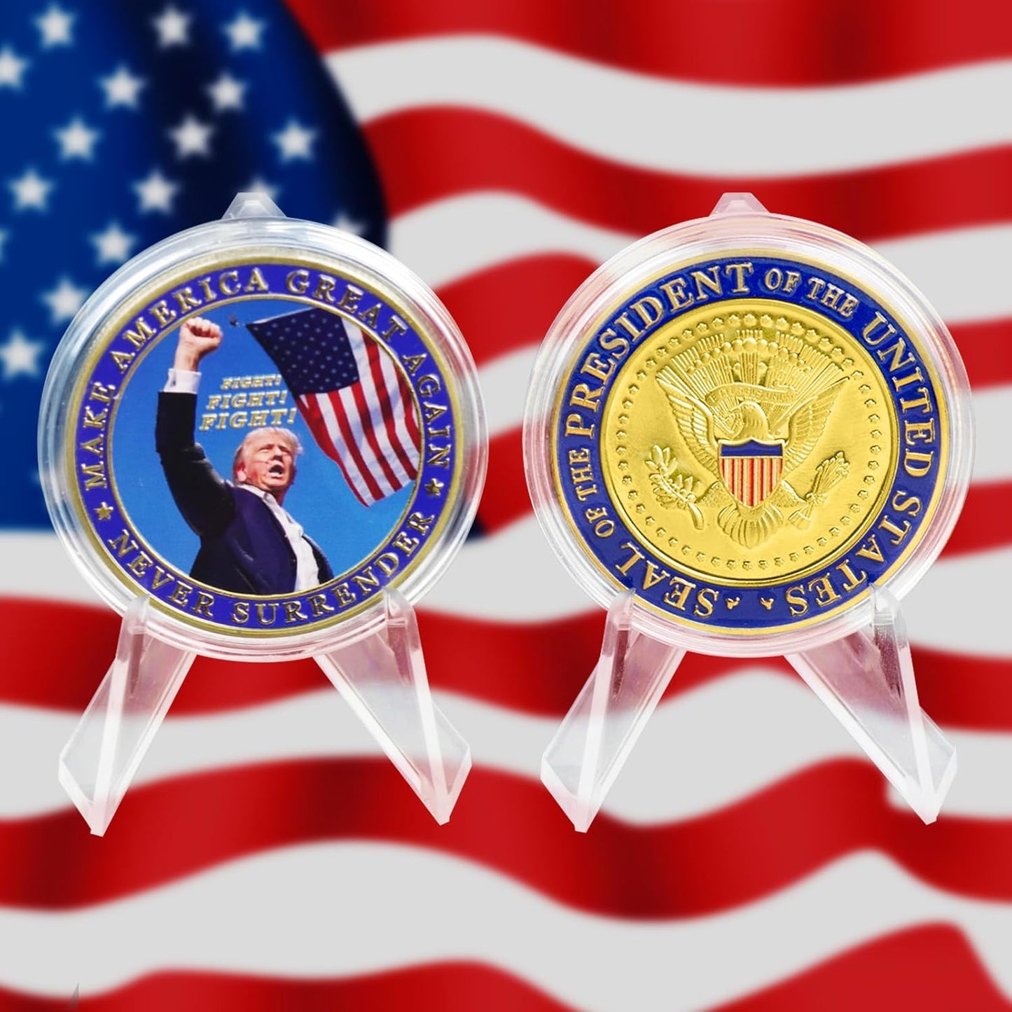 Never Surrender Donald Trump Challenge Coin, Make America Great Again 40mm Gold Plated Coin Colored Commemorative Coins Gift