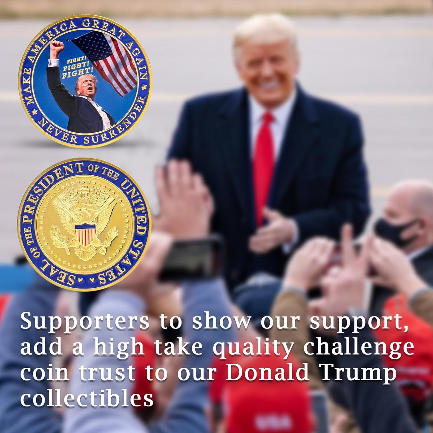 Never Surrender Donald Trump Challenge Coin, Make America Great Again 40mm Gold Plated Coin Colored Commemorative Coins Gift