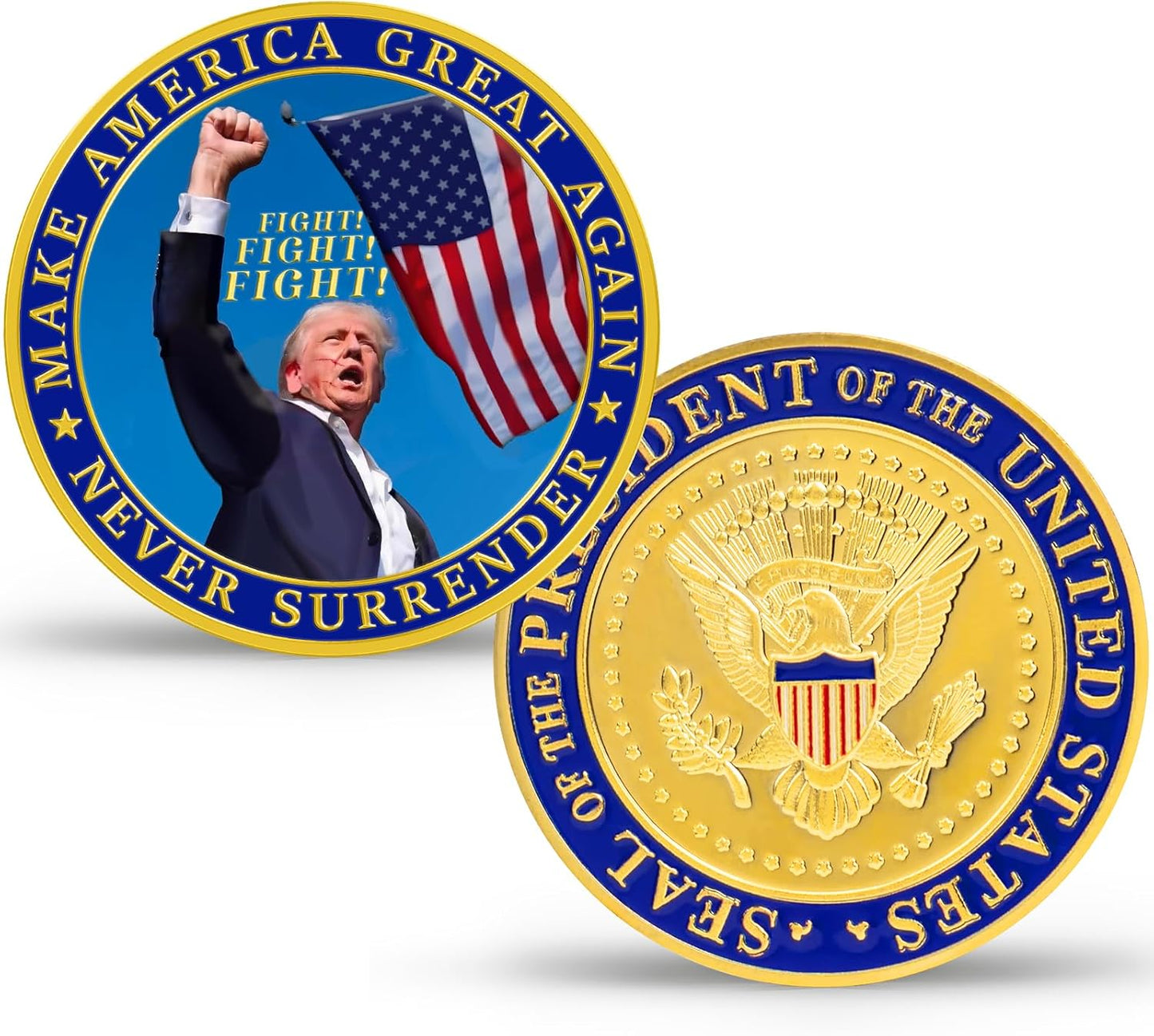 Never Surrender Donald Trump Challenge Coin, Make America Great Again 40mm Gold Plated Coin Colored Commemorative Coins Gift