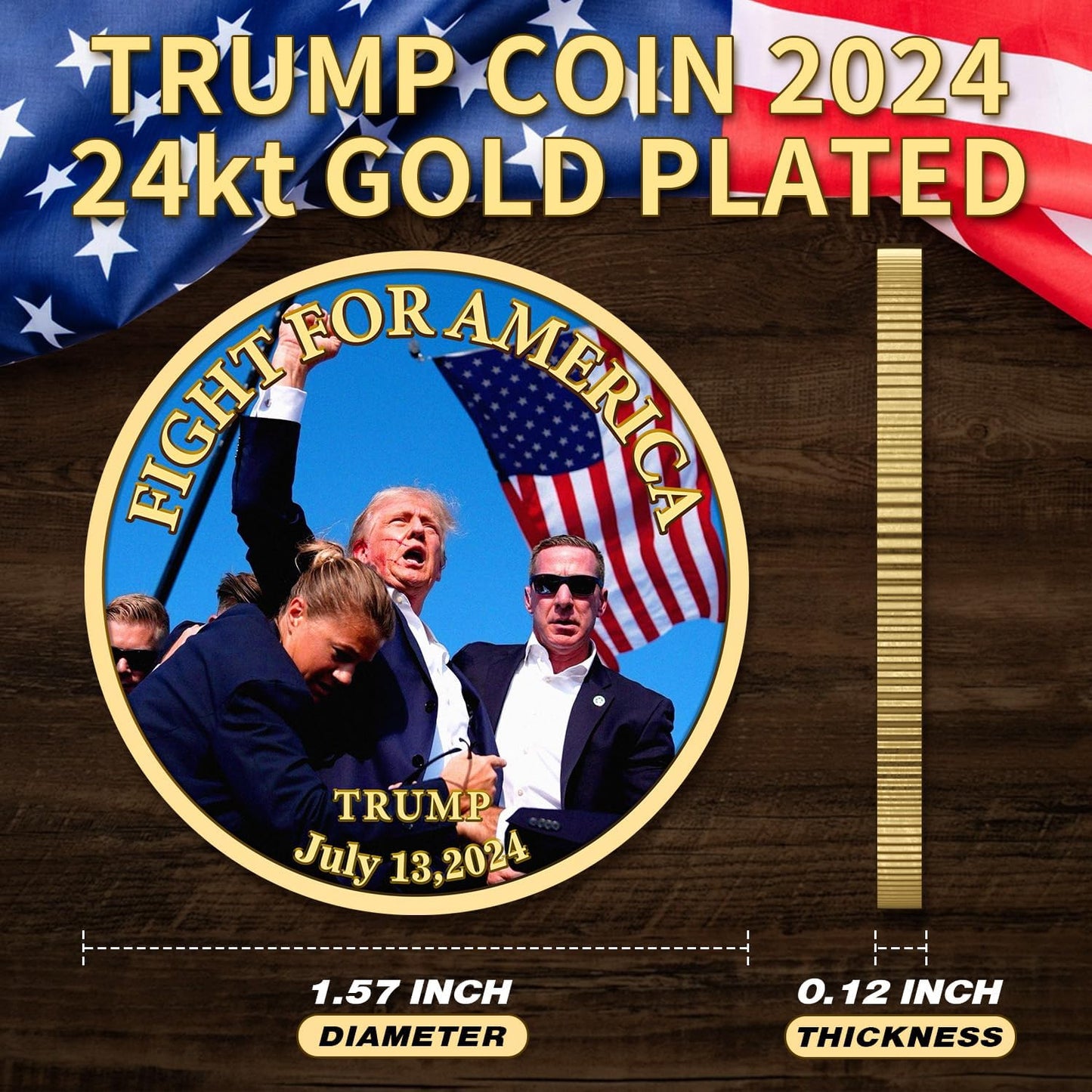 Trump Coin 2024-24kt Gold Plated Trump Fight Coin, Trump Merchandise Commemorating The Trump Shot - Ideal Collectible/Gifts for Trump Supporters,1 pc