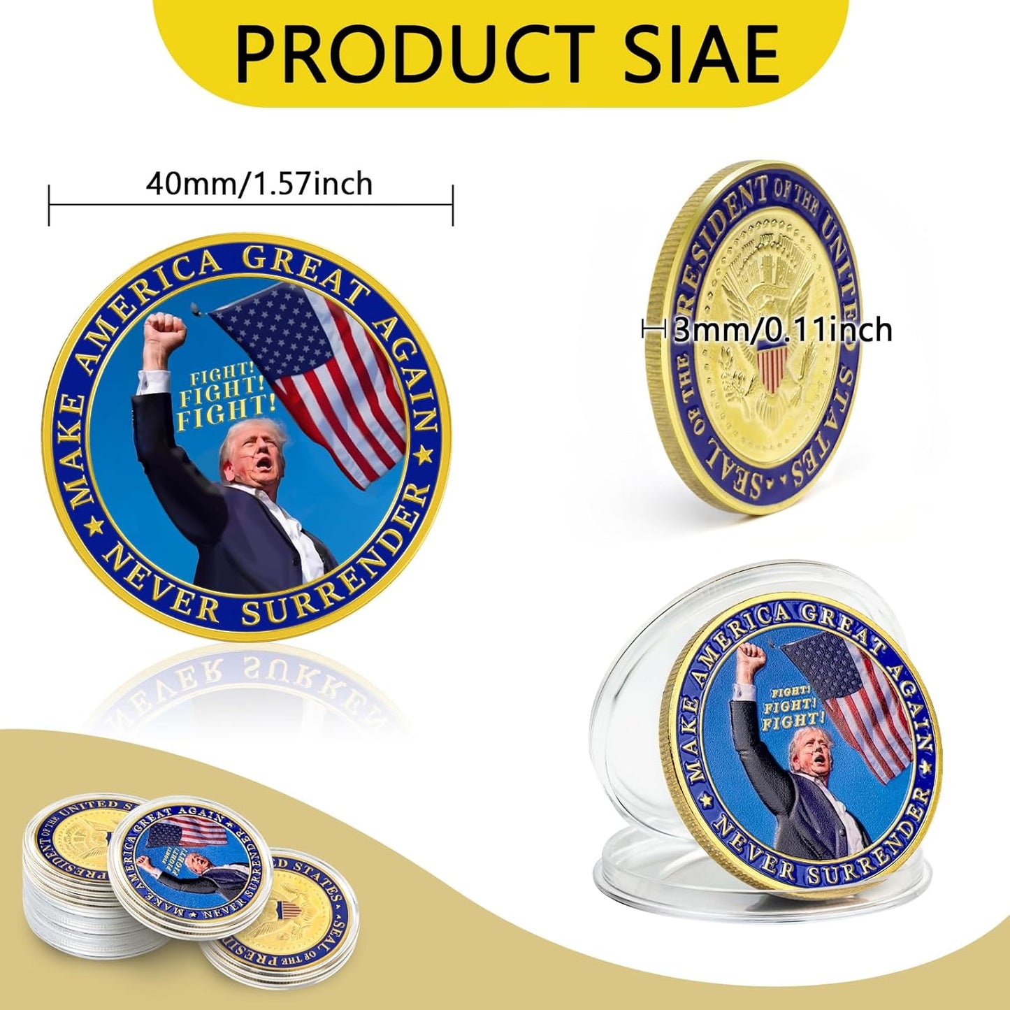 Never Surrender Donald Trump Challenge Coin, Make America Great Again 40mm Gold Plated Coin Colored Commemorative Coins Gift