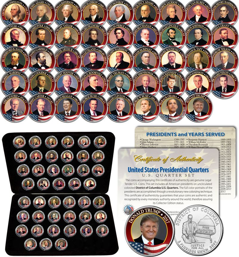 ALL 45 United States PRESIDENTS: Full Coin Set -- 44 Colorized D.C. Quarters with Leatherette Coin Display Box and Certificate of Authenticity