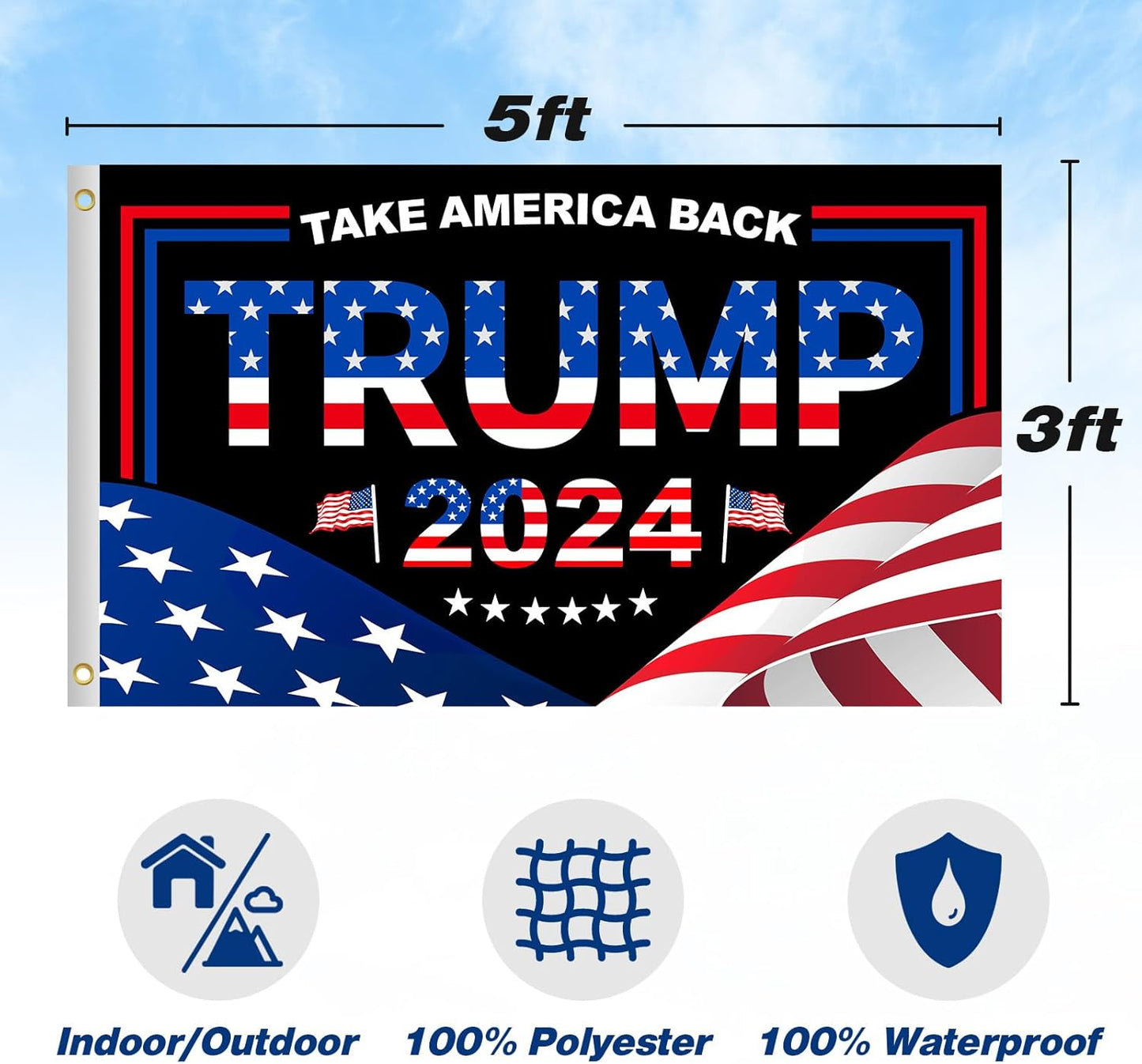 Trump 2024 Flag 3x5 FT President Trump Flag Take America Back Banner Indoor Outdoor 1 Ply With Vivid Patriotic Colors Design UV & Fade Resistant 2 Brass Grommets