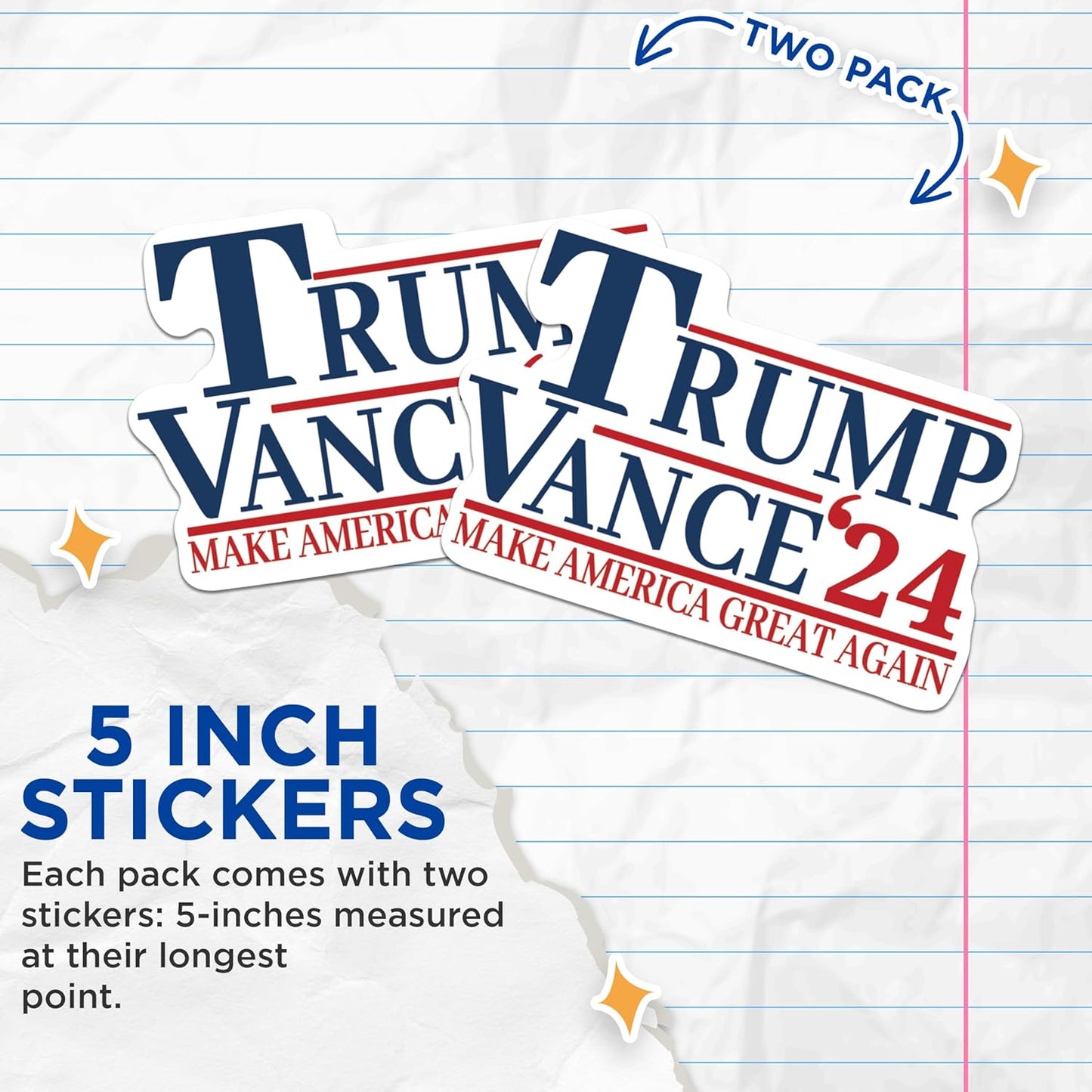 (2 Pack) Trump Vance 2024 Stickers - Trump for President 2024-2024 Election - 5 Inches On Longest Side - Premium Vinyl - for Cars, Trucks, Skateboards, Laptops - Made in USA - TV003