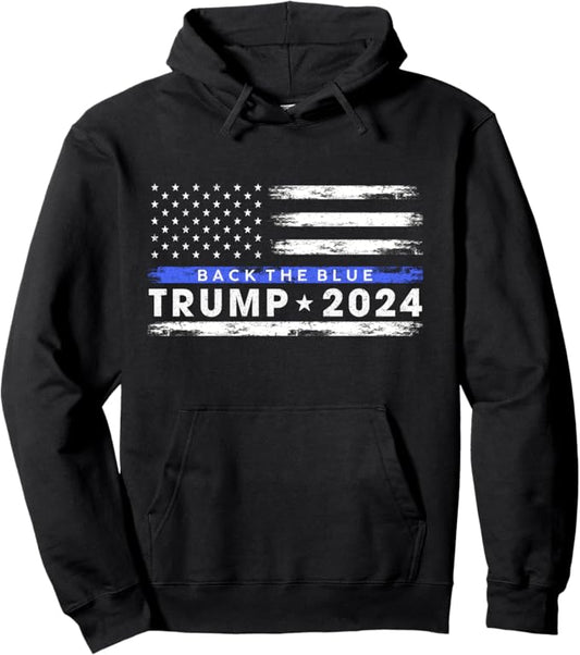 Pro Trump 2024 Back The Blue Thin Blue Line American Flag Pullover Hoodie